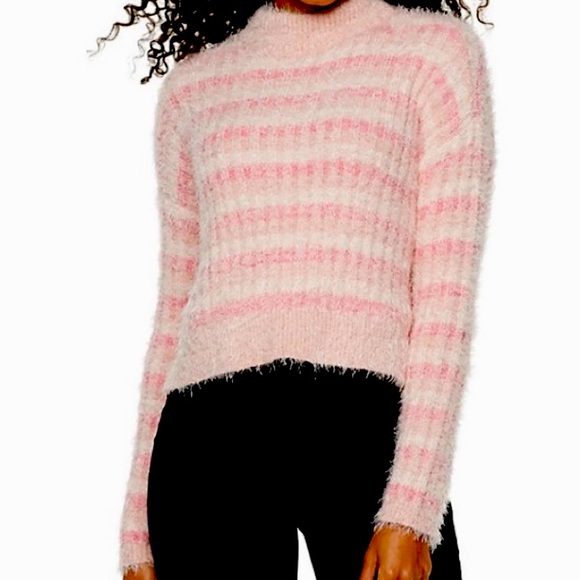 NWT•Candie's Cozy & Soft Mock Neck Pullover Crop Sweater in Pink Stripe-Size L - Picture 3 of 12